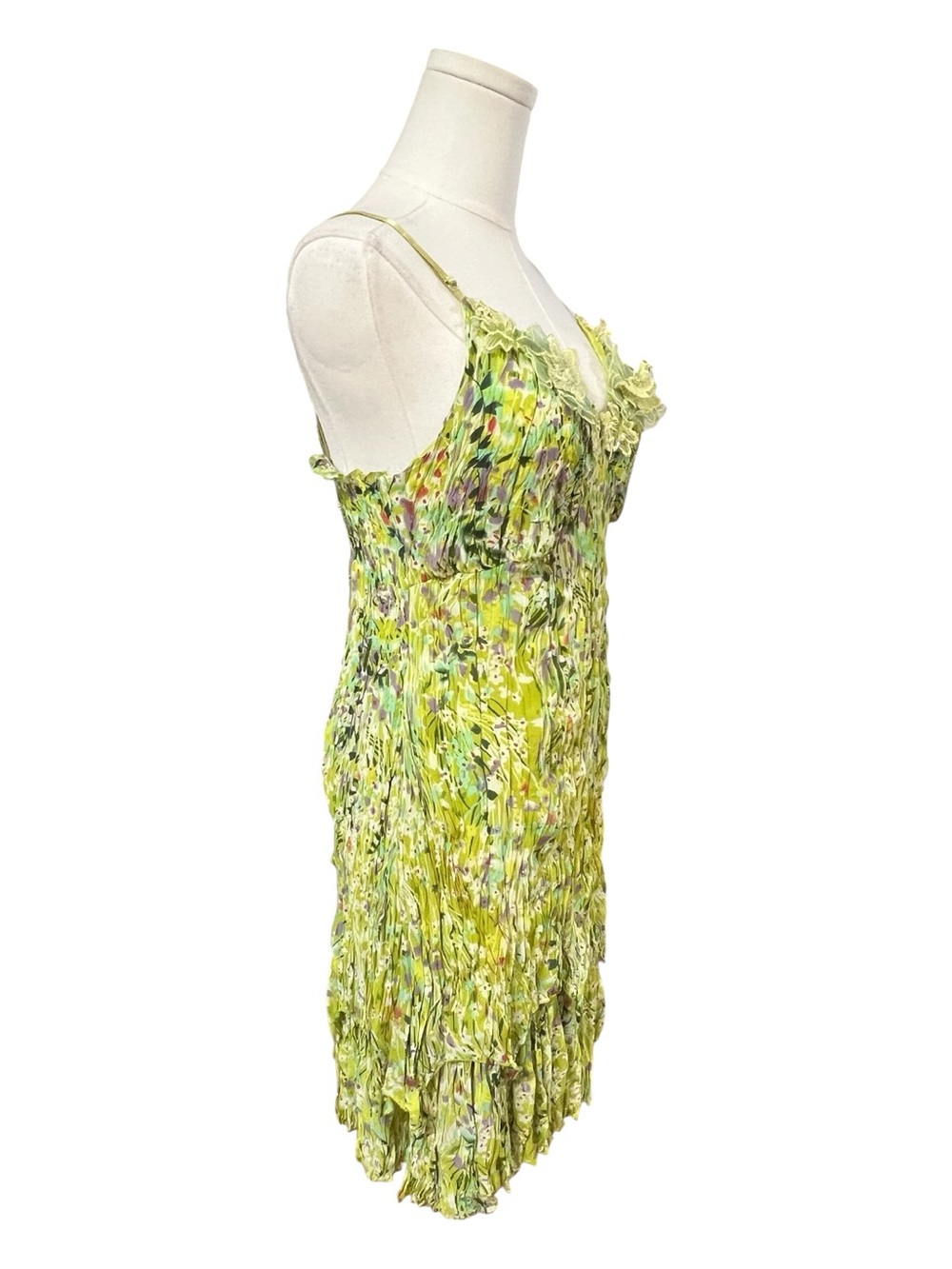 EUC Carrie Allen Fairycore Floral Embroidered Crinkle Lime Green Dress | Size M - Picture 4 of 11